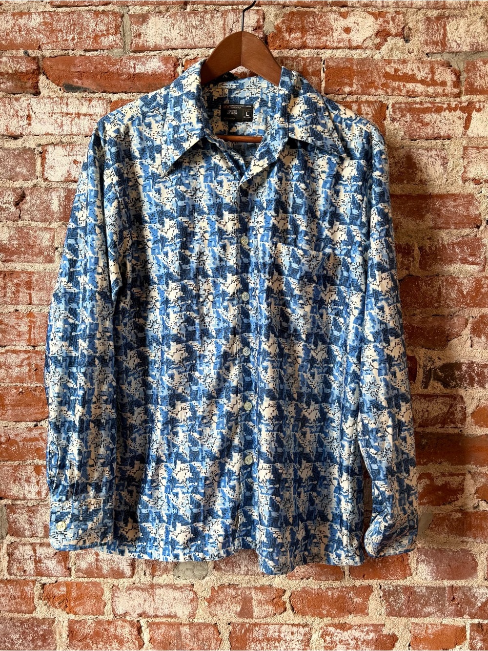 VINTAGE JC Penney Shirt Men  70s Disco Leisure AOP Blue White  Large